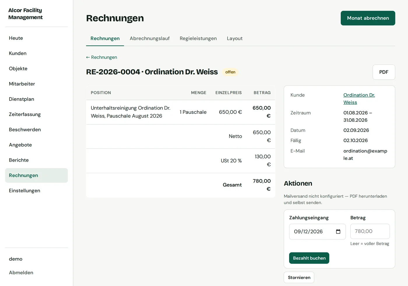 Rechnung im Büro: Positionen, Zahlung, Storno